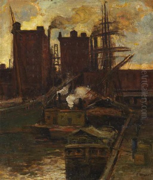 Masts, Philadelphia Waterfront Oil Painting by Frederick R. Wagner