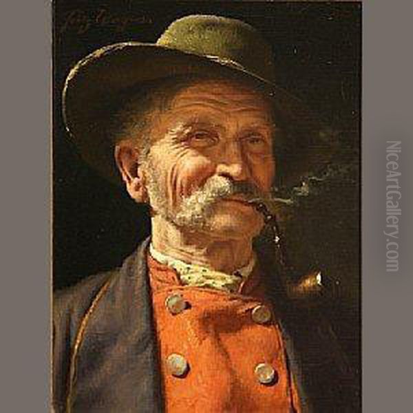 An Old Man Smoking A Pipe Oil Painting by Fritz Wagner