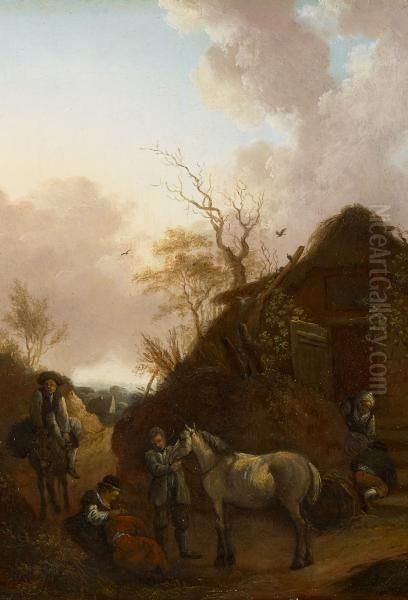 At The Farmhouse Oil Painting by Johann Georg Wagner