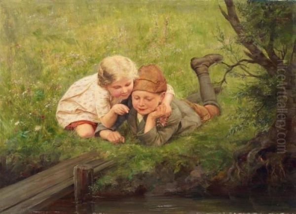 Childern By The Creek Oil Painting by Paul Wagner