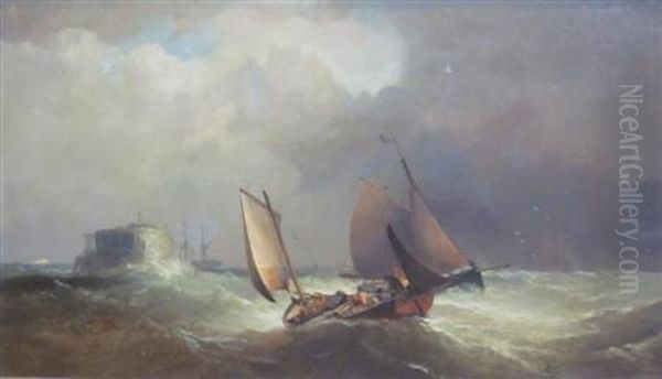 Figures And Fishing Boats In A Swell Oil Painting by John Cheltenham Wake