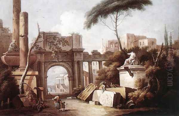 Ancient Ruins with a Great Arch and a Column 1735-40 Oil Painting by Giuseppe Zais