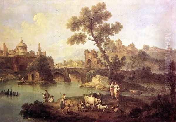 Landscape with River and Bridge c. 1740 Oil Painting by Giuseppe Zais