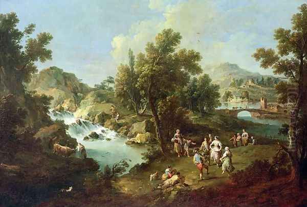 Landscape with a River and Dancing Peasants Oil Painting by Giuseppe Zais