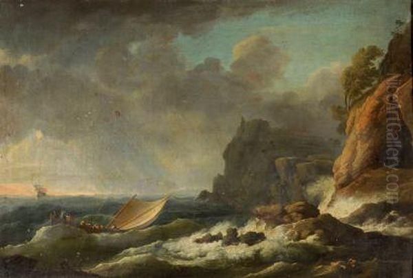 Barque En Perdition Pres D'une Cote Rocheuse Oil Painting by Pierre Joseph Wallaert