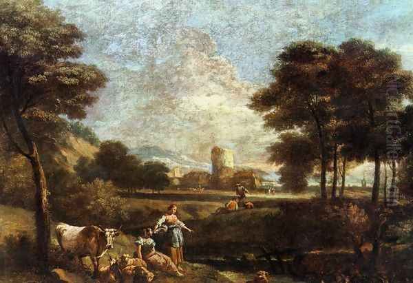 Landscape with Shepherds and Fishermen Oil Painting by Giuseppe Zais