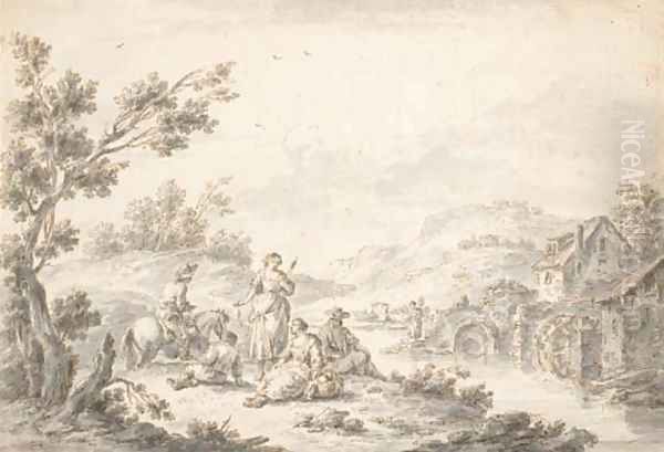 Hommes et femme se reposant au bord d'une riviere, un moulin à l'arriere-plan Oil Painting by Giuseppe Zais