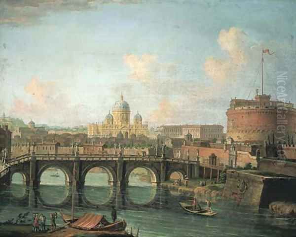 The Tiber, Rome, with the Castel Sant' Angelo and Saint Peter's in the background Oil Painting by Giuseppe Zais