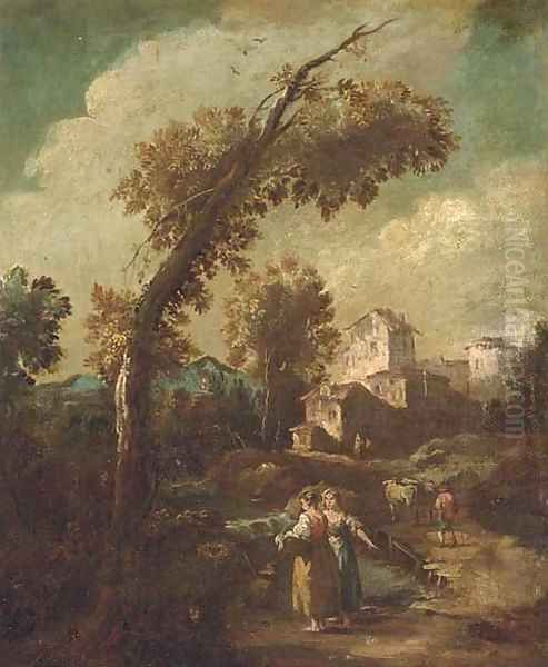 A river landscape with washerwomen and herdsmen, a town beyond Oil Painting by Giuseppe Zais