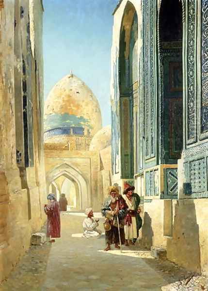 Figures in a Street Before a Mosque 1895 Oil Painting by Richard Karlovich Zommer