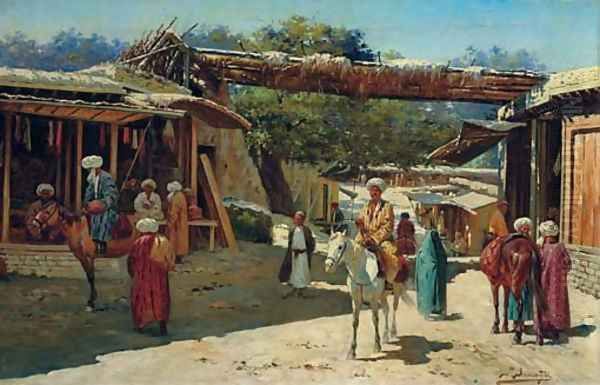 Street scene, Samarkand, Turkestan Oil Painting by Richard Karlovich Zommer