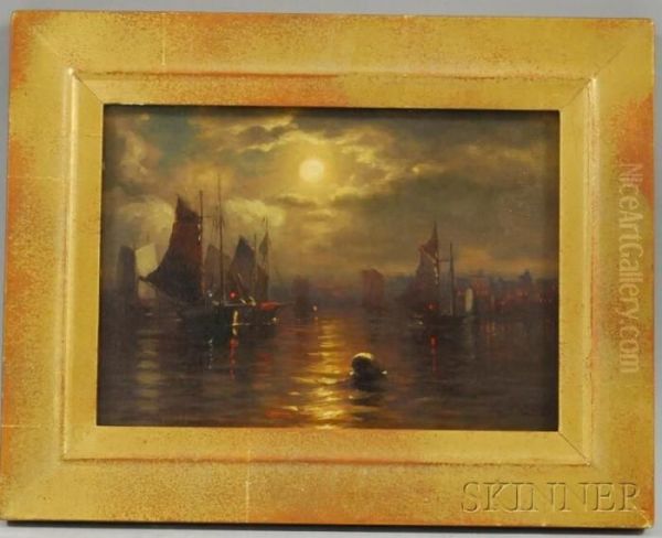 Moonlit Harbor Oil Painting by George W. Waters