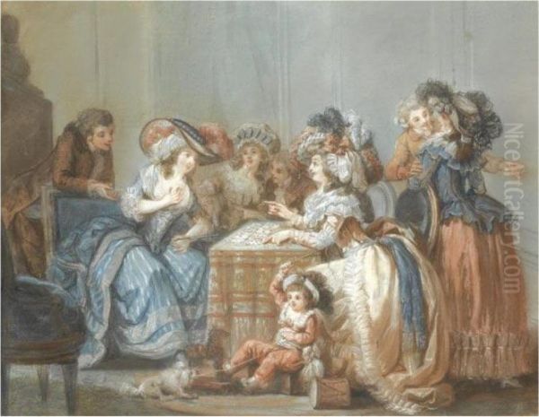 An Elegant Party Around A Table, Watching A Lady Having Her Fortune Told With Cards Oil Painting by Francois Louis Joseph Watteau