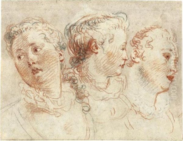 Three Studies Of The Head Of A Woman Oil Painting by Watteau, Jean Antoine