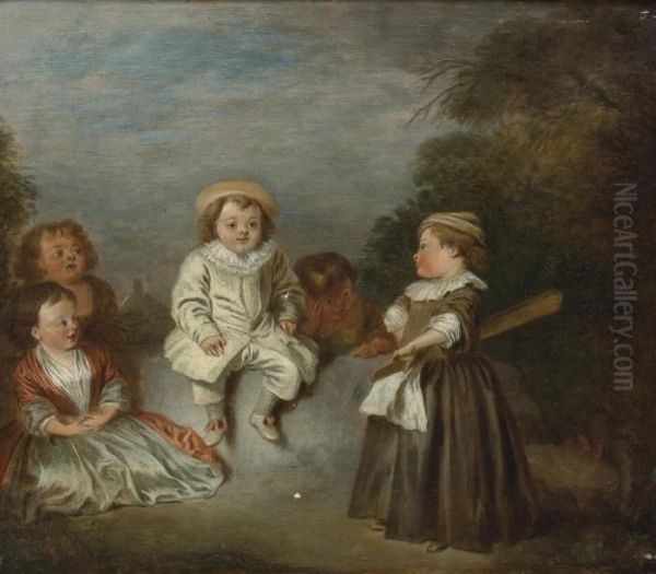 Follower Of Jean-antoine Watteau ; Group Of Children ; Oil On Panel Oil Painting by Watteau, Jean Antoine