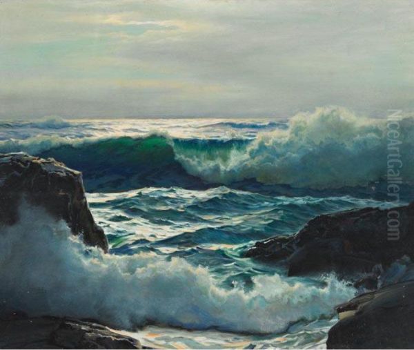 Rocks And Waves, Massachusetts Coast Oil Painting by Frederick Judd Waugh