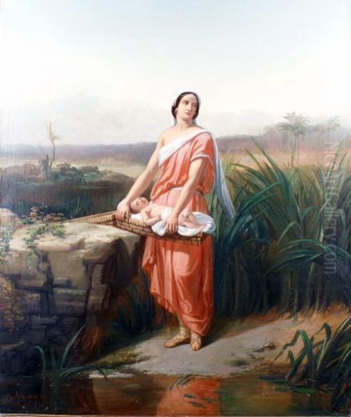 Moise Enfant Et Sa Soeur Myriam Au Bord Du Nil Oil Painting by Charles Augustin Wauters