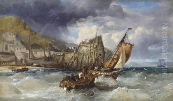 Fishing Boats In A Heavy Swell Off A Jetty Oil Painting by James Webb