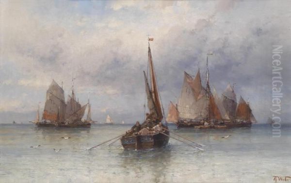 Fishermen At The Coast Oil Painting by Theodor Alexander Weber