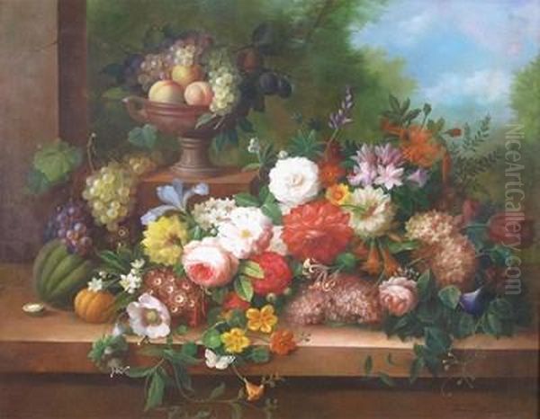 Still Life Of Flowers On A Ledge With Fruit In An Urn Oil Painting by Thomas Webster