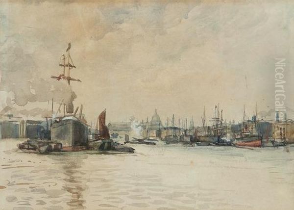 The Pool Of London Looking Towards St Paul's Oil Painting by Augustus Watford Weedon