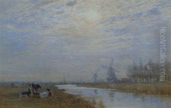 Cattle Beside A Canal Oil Painting by Augustus Watford Weedon