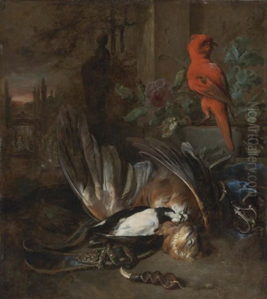 A Hunting Still Life With An 
Eagle And A Woodpecker Together With Hunting Paraphernalia And A Red 
Parrot, In A Landscape Oil Painting by Jan Weenix