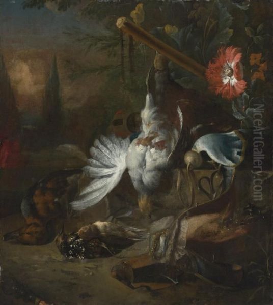 A Hunting Still Life With 
Partridges, A Duck And Other Birds With A Gun And An Opium Poppy, In A 
Landscape Oil Painting by Jan Weenix