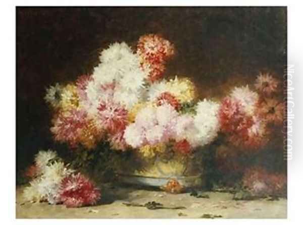 Chrysanthemum And Other Flowers In A Bowl Oil Painting by Achille Zo