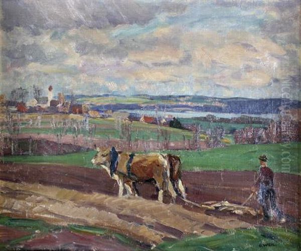 Pflugender Bauer In Voralpenlandschaft Oil Painting by Otto Weil