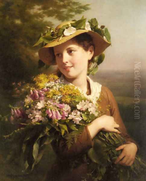 A Young Beauty holding a Bouquet of Flowers Oil Painting by Fritz Zuber-Buhler