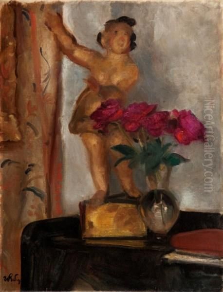 Martwa Natura Z Figurka I Peoniami Oil Painting by Wojciech Weiss