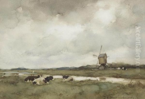 Cows In A Dutch Landscape, A Wind Mill Beyond Oil Painting by Jan Hendrik Weissenbruch