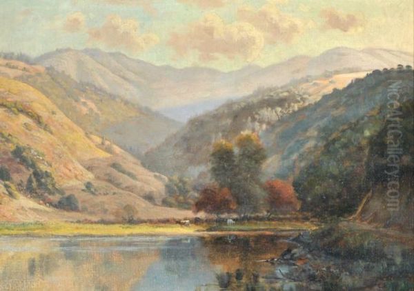 Landscape With Lake, Cattle And Mountains Oil Painting by Ludmilla P. Welch