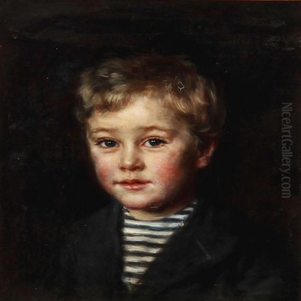 Portrait Of A Boy In A Seamans Striped Blouse Oil Painting by Carl Wentorf