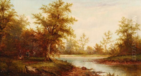 Wooded River Landscape With Figures By A Camp Fire Oil Painting by J. Westall