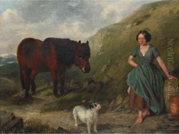 Shepherd Girl Gathering Water For Her Pony And Terrier Oil Painting by Of John Alfred Wheeler