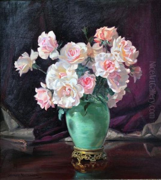  pink Roses In A Green Vase  Oil Painting by George Whinnen