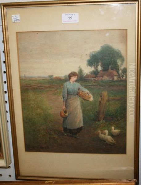 Woman Walking Past Ducks In A Rural Landscape Oil Painting by George Whyatt