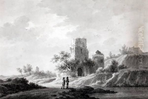 Twee Wandelaars Bij Een Ruine Oil Painting by Nicolaes Wicart