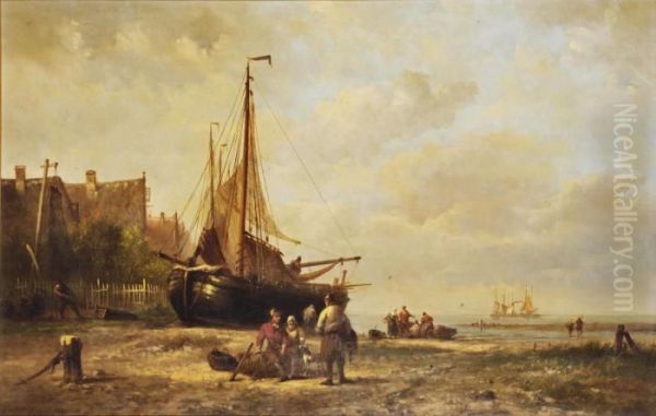 A 'bomschuit' On The Beach Oil Painting by Nicolaas Martinus Wijdoogen