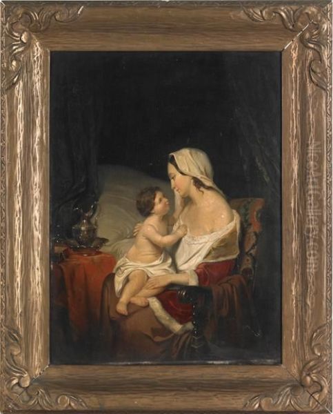 Interior Scene With Mother And Child Oil Painting by Petrus Theodorus Wijngaerdt