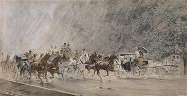 Coach Journey In The Rain Oil Painting by Hans Gottfried Wilda