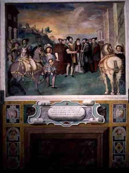 Emperor Charles V (1500-58) and Francis I (1494-1547) Make Peace under the Auspices of Pope Paul Farnese III (1546-92), from the Sala dei Fasti Farnese, 1557-66 Oil Painting by Taddeo Zuccaro