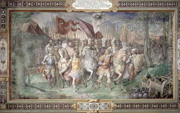 Charles V (1500-58) Alessandro (1546-92) and Ottaviano Farnese Leading the Army Against the Landgrave Phillip of Hesse in 1546 from the Sala dei Fasti Farnese (Hall of the Splendors of the Farnese) 1557-66 Oil Painting by Taddeo Zuccaro