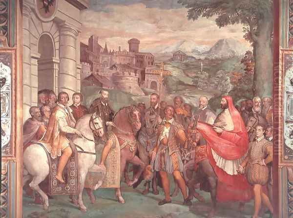 Charles V (1500-58) with Alessandro Farnese (1546-92) at Worms, from the Sala dei Fasti Farnese (Hall of the Splendors of the Farnese), 1557-66 Oil Painting by Taddeo Zuccaro