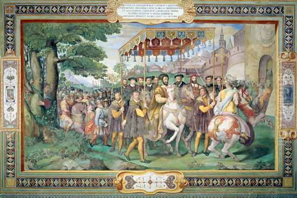 Francis I (1494-1547) and Alessandro Farnese (1546-92) Entering Paris in 1540, from the Sala dei Fasti Farnese (Hall of the Splendors of the Farnese) 1557-66 Oil Painting by Taddeo Zuccaro