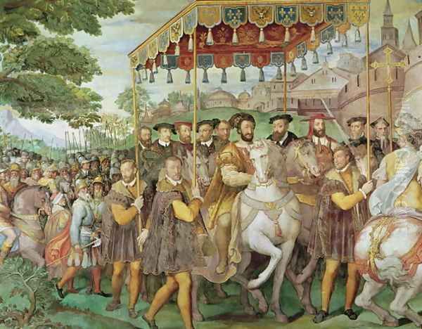 The Solemn Entrance of Emperor Charles V (1500-58), Francis I (1494-1547) and Alessandro Farnese (1546-92) to Paris in 1540, from the Sala dei Fasti Farnese, 1557-66 (detail) Oil Painting by Taddeo Zuccaro