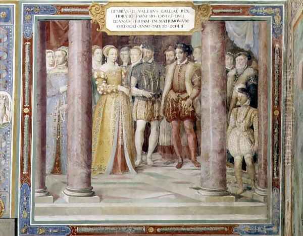 The Marriage of Orazio Farnese and Diana, daughter of Henri II of France (1519-59) from the Sala dei Fasti Farnese (Hall of the Splendours of the Farnese) 1557-66 Oil Painting by Taddeo Zuccaro