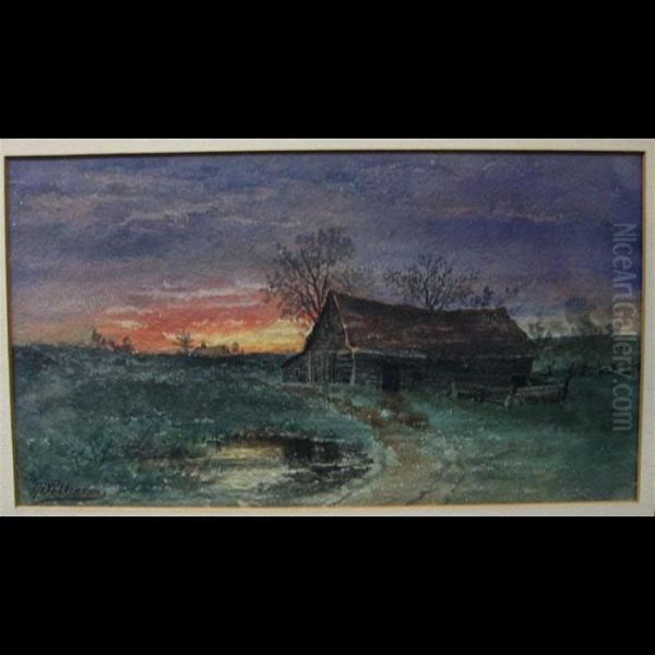 Log Cabin In Sunset Oil Painting by Thomas Harrison Wilkinson